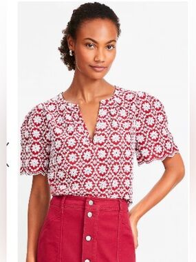 Loft Red Floral Crochet Short-Sleeve Top